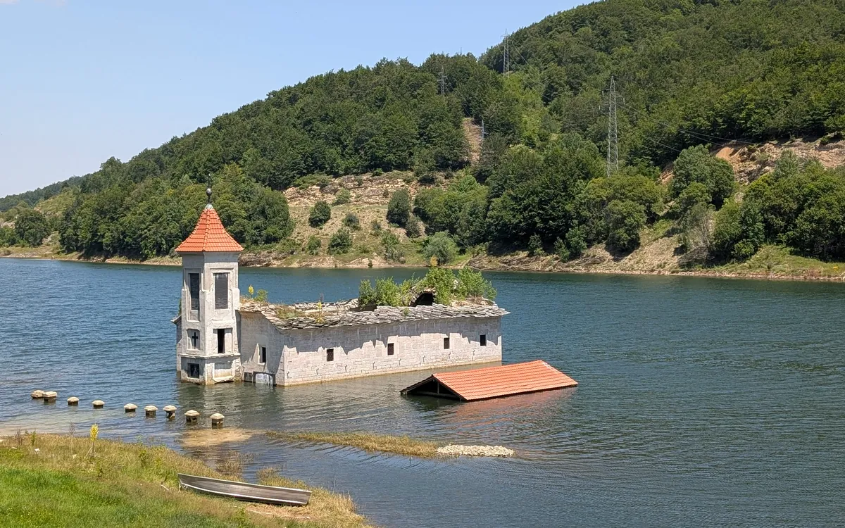 Half-submerged church of St Nicholas in Lake Mavrovo